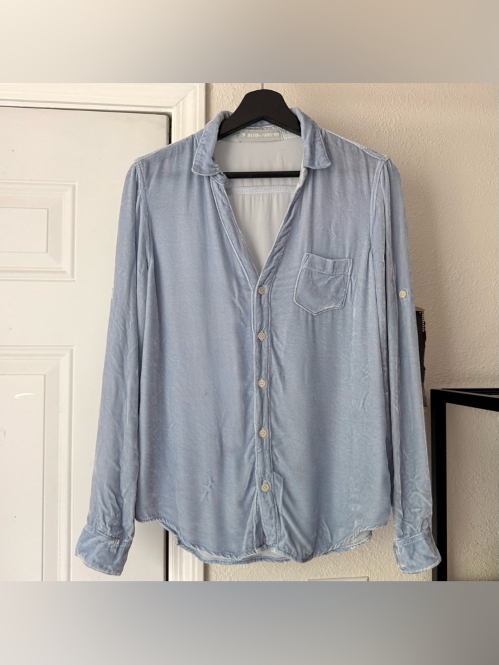 CP SHADES x GORSUCH dusty blue rayon silk velvet long sleeve button up shirt top